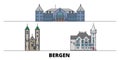 Norway, Bergen flat landmarks vector illustration. Norway, Bergen line city with famous travel sights, skyline, design.