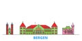 Norway, Bergen line cityscape, flat vector. Travel city landmark, oultine illustration, line world icons