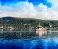 Norway bridge and ships postcard background