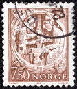 NORWAY - CIRCA 1976: A stamp printed in Norway shows Norwegian Folktale, Segurd the Dragon Killer, Sigurd and Regin, circa 1976.