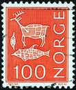 NORWAY - CIRCA 1973: A stamp printed in Norway shows rock engravings, Reindeer, fish, animal trap, circa 1973.