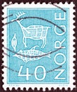 NORWAY - CIRCA 1963: A stamp printed in Norway shows rock engravings, Reindeer, fish, animal trap, circa 1963.