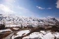 Norway with colorful wooden houses against lake during spring time. Railroad from Flam to Myrdal in Norway