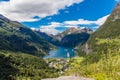 Norway cruise, mountains and village in Geiranger fjord Royalty Free Stock Photo