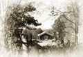 Norway distant farm house in woods sepia background Royalty Free Stock Photo