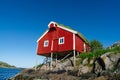 Norway. Fishermans red rorbu cottage in the Lofoten Islands. Typical Fishermans house. Royalty Free Stock Photo