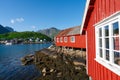 Norway. Fishermans red rorbu cottage in the Lofoten Islands. Typical Fishermans house. Royalty Free Stock Photo