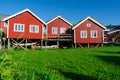 Norway. Fishermans red rorbu cottage in the Lofoten Islands. Typical Fishermans house.