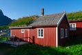 Norway. Fishermans red rorbu cottage in the Lofoten Islands. Typical Fishermans house.