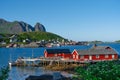 Norway. Fishermans red rorbu cottage in the Lofoten Islands. Typical Fishermans house.