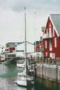 Norway fishing village Henningsvaer, boat and rorbu house Travel Lofoten Royalty Free Stock Photo