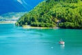 Norway fjord panorama, mountains, boat Royalty Free Stock Photo