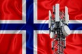 Norway flag, background with space for your logo - industrial 3D illustration. 5G smart mobile phone radio network antenna base