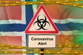 Norway flag and Covid-19 biohazard symbol with quarantine orange tape. Coronavirus or 2019-nCov virus concept