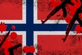 Norway flag and guns in red blood. Concept for terror attack and military operations