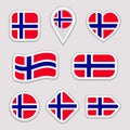 Norway flag stickers set. Norwegian national symbols badges. Isolated geometric icons. Vector official flags collection