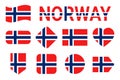 Norway Flags vector collection. Set of Norwegian national flags. Circle, rhomb, rectangle, arrow, heart symbols with text. Vector