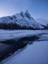 Norway. Frozen river and mountain. A classic view in Norway during winter.