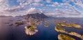 Henningvaer town panoramic top view, Norwegian fjords