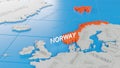 Norway highlighted on a white simplified 3D world map. Digital 3D render