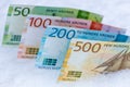 Norwegian kroner, Money lying in the snow, Financial concept, spending freeze