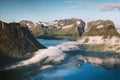 Norway landscape Hjorundfjord aerial view mountains reflection travel Sunnmore Alps beautiful destinations Royalty Free Stock Photo