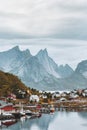 Norway landscape Reine village Lofoten islands mountains reflection in a water fjord view