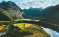 Norway landscape Romsdal mountains aerial view valley and river travel scenery