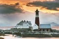 Norway Landscape Tranoy Lighthouse at sunset sea and mountains on background Travel Royalty Free Stock Photo