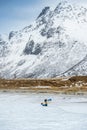 Norway landscape in winter time , polar surfing in Skagsanden beach