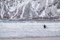 Norway landscape in winter time , polar surfing in Skagsanden beach