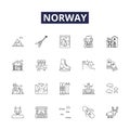 Norway line vector icons and signs. travel, scandinavia, mountain, sea, fjord, landscape, nature,water outline vector