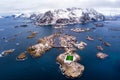 Norway Lofoten Henningsvaer Stadion aerial panoramic landscape in winter time and mountains covered in snow