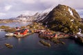 Norway Lofoten morsund aerial panoramic  landscape in winter time and mountains covered in snow Royalty Free Stock Photo