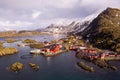 Norway Lofoten morsund aerial panoramic  landscape in winter time and mountains covered in snow Royalty Free Stock Photo