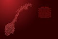 Norway map from red isolines or level line geographic topographic map grid and glowing space stars. Vector illustration