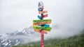 Colorful directional road signs in beautiful nature landscape in Norway