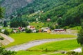 Norway mountain landscape with country houses. Aerial view of the Norwegian village Flam. village of Flam laying on the