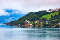 Norway mountain village and fjord landscape Royalty Free Stock Photo