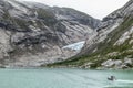 Norway mountains lake boat landscape view glacier Royalty Free Stock Photo