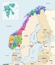 Norway municipalities high detailed vector map colored by administrative regions (counties)