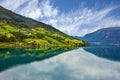 Norway, Olden, green hills seaside. fjord in summer