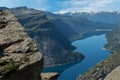 Norway, rock mountain lake landscape, Trolltunga rock Royalty Free Stock Photo