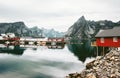 Norway rorbu houses and mountains rocks over fjord