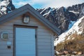 Norway rorbu houses and mountains rocks over fjord landscape scandinavian travel view Lofoten islands. Natural scandinavian Royalty Free Stock Photo