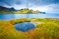 Norway seascape. Sunny landscape with rocks and clean blue sea.