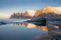 Norway. Senja panoramic aerial view landscape nordic snow cold winter norway ocean. Troms county, Fjordgard