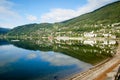 Norway small town reflecting on the water on a blue sky background