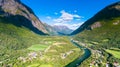 Norway in summer. Country town, river and mountains landscape aerial drone photography