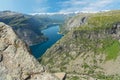 Norway, Trolltunga rock, mountain landscape, Ringedalsvatnet lake Royalty Free Stock Photo
